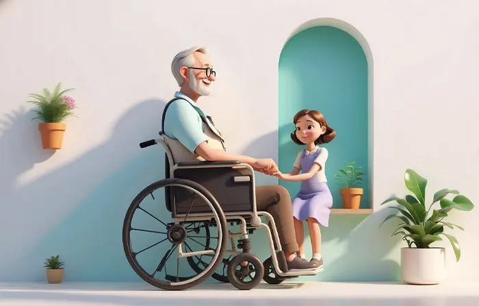 A Young Girl Is Playing with an Elderly Man Sitting in a Wheelchair Unique 3D Character Illustration